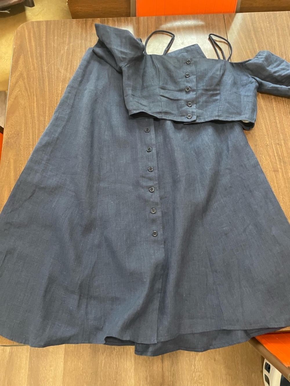 REFORMATION Navy Blue Button Front Two Piece Skirt Set Women's Size 2